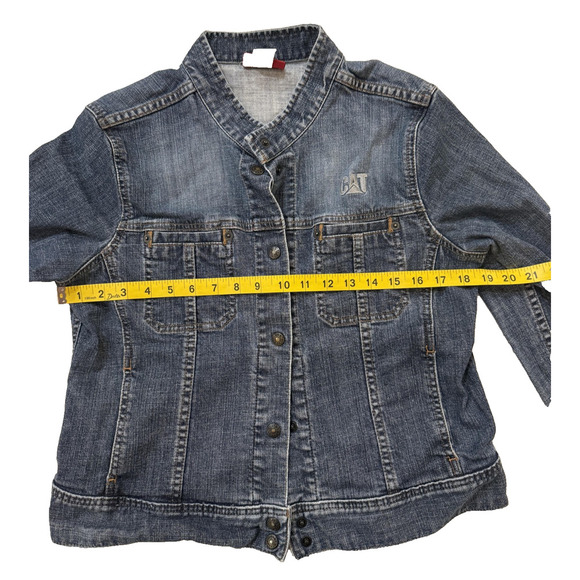 Vintage CAT Denim Jacket Womens Extra Large Blue Snap Front Stretch Workwear Y2K - Picture 7 of 10